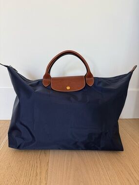 Longchamp Navy Nylon Tote with Brown Leather Trim